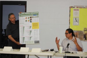 Tuffy Lunderman (RST Vice-President) and Wizipan Little Elk (CEO of REDCO) give a presentation on Keya Wakpala Waicageyapi to the Tribal Economic Development Task Force. The 600-acre site is owned by the Rosebud Sioux Tribe and designated for a resilient community development project. Photo by Vi Waln.