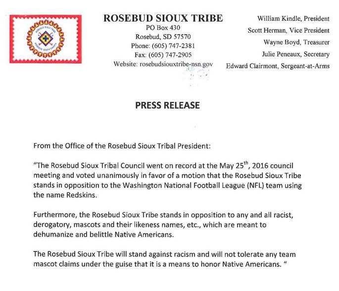 RST on record in opposition to Redskins